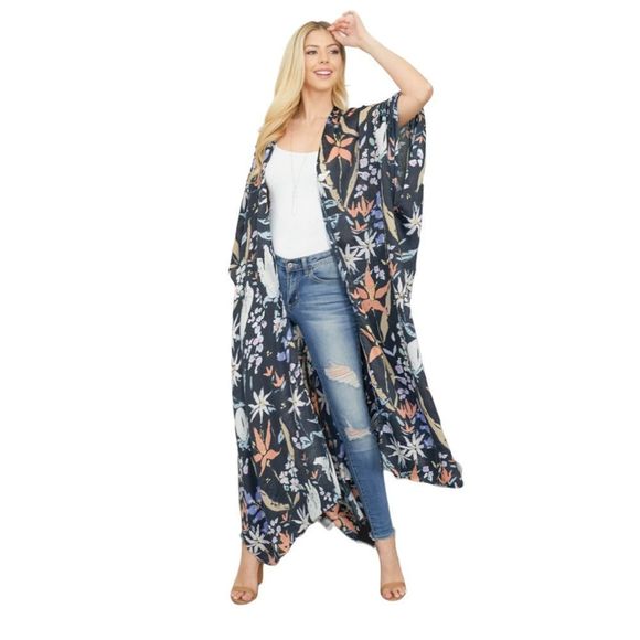 Long Floral Print Boho Open Front Kimono. One Size - Picture 5 of 7